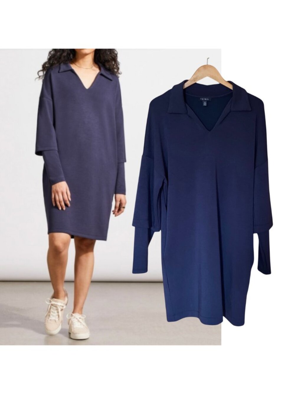 Tribal Scuba Knit Techno Lux Stretchy Long Sleeve Navy Shift Dress Pockets Sz L